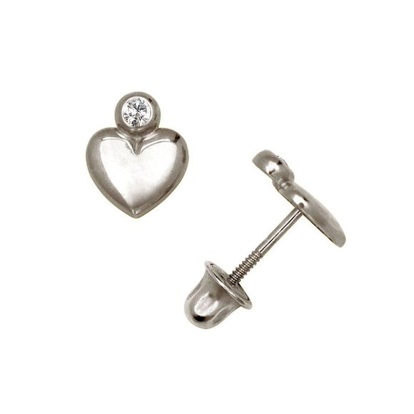 14K Solid White Gold 5mm Love Heart Screwback Earrings Set With Sparkling Stone - Picture 3 of 7